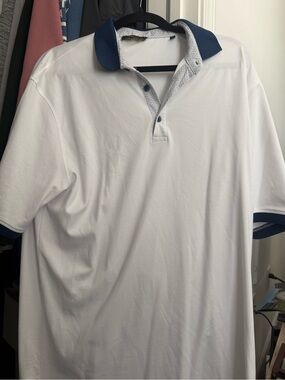 Men's White Polo Shirt with Navy Contrast Collar
